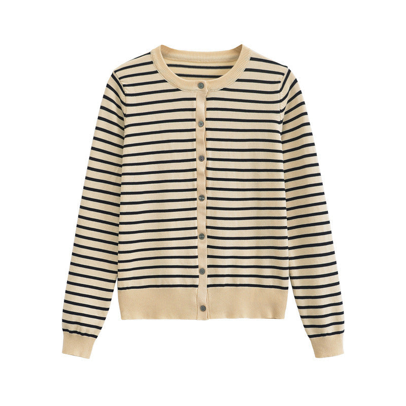 Women's Round Neck Cardigan Striped Contrast Color Sweater