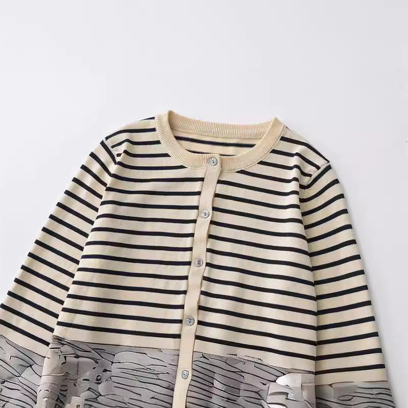 Women's Round Neck Cardigan Striped Contrast Color Sweater